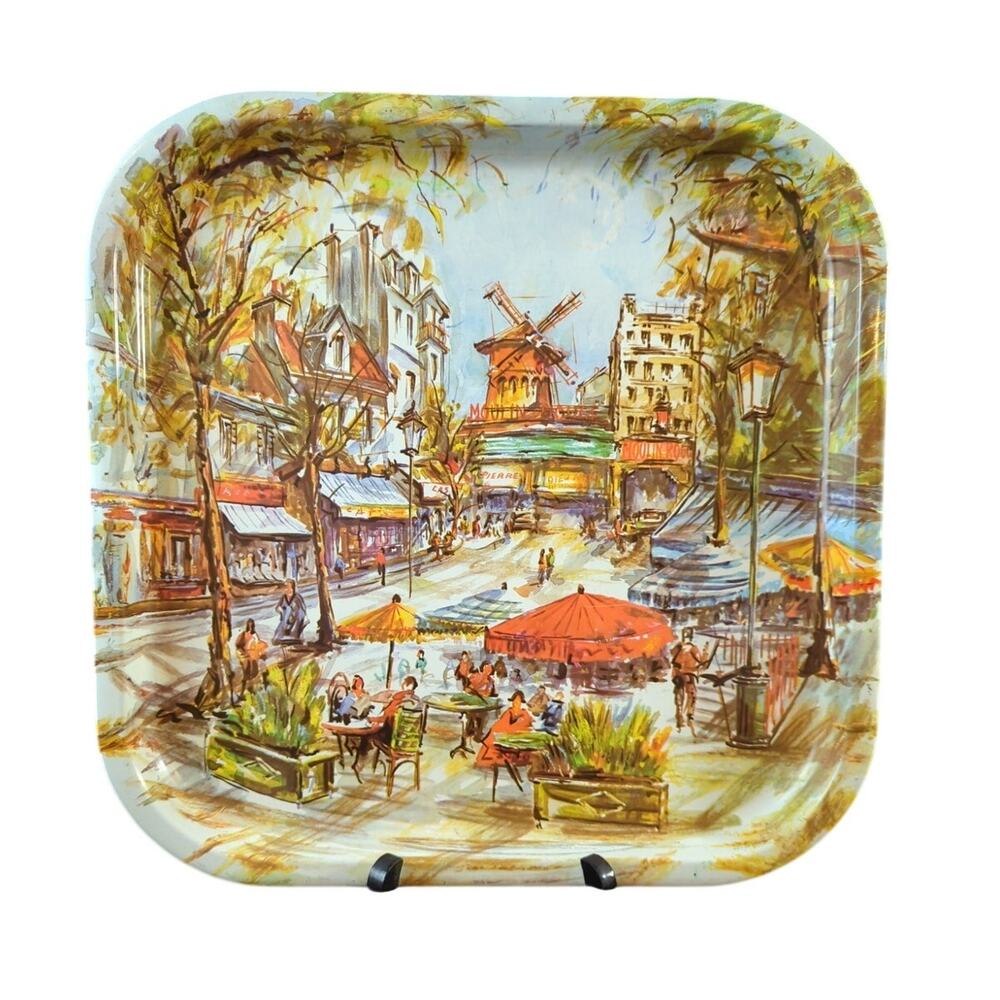 Vintage English Daher Dec Ware Tole Square Metal Serving Tray Paris Moulin Rouge